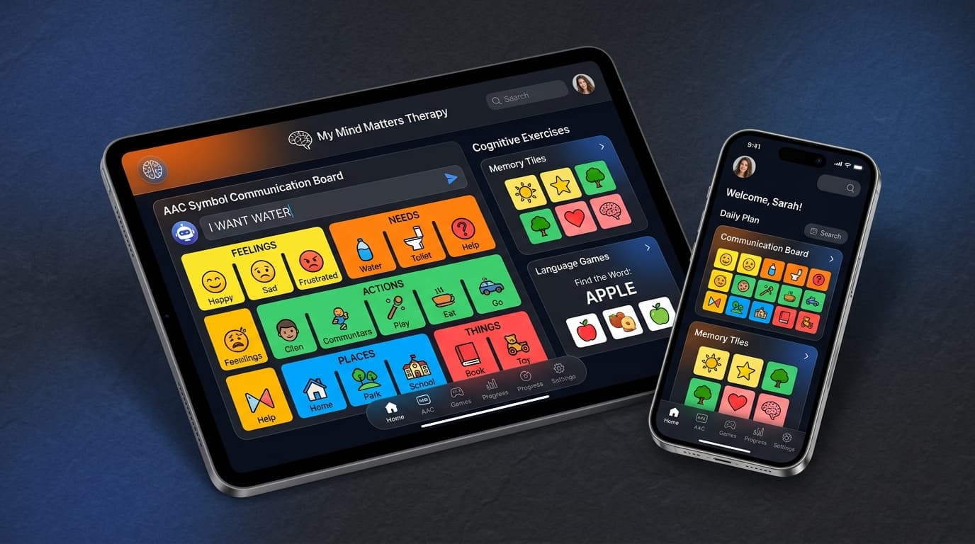 My Mind Matters Therapy app on tablet and mobile displaying AAC communication and brain training