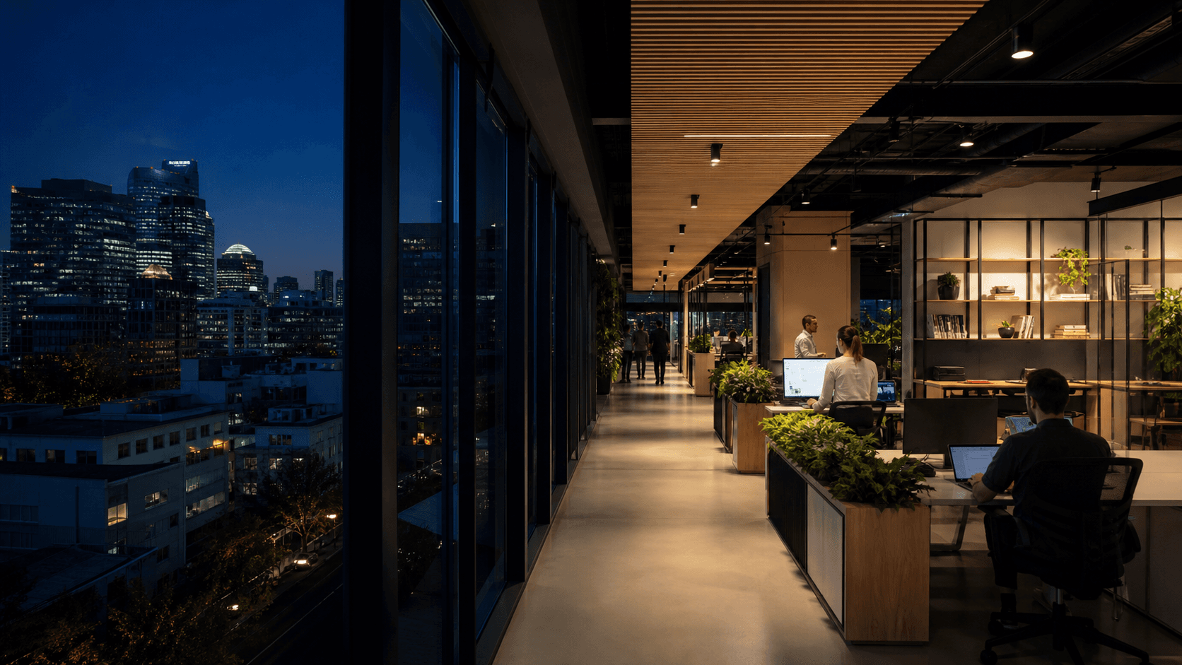 Illustrative software engineering workplace at blue hour