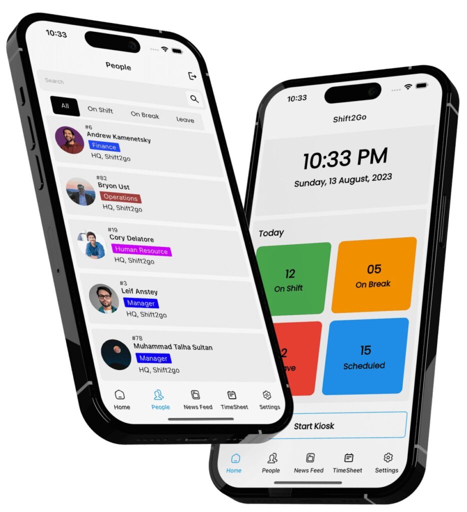 Mobile app interface displaying Shift2Go features, including employee status lists and scheduling overview, illustrating user-friendly design for workforce management.