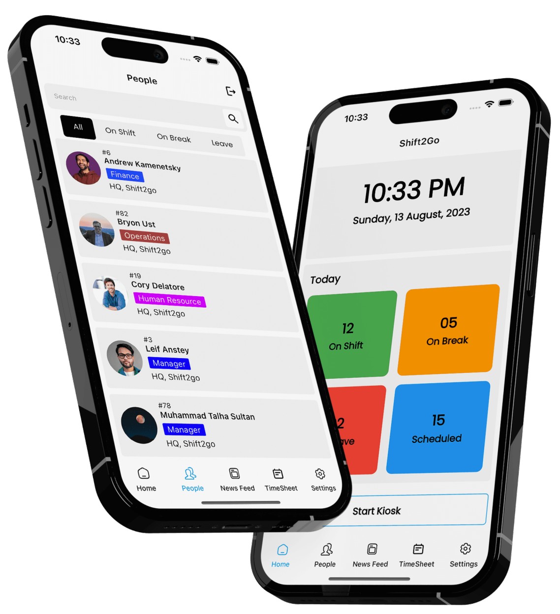 Smartphones displaying Shift2Go workforce management app interface, showcasing employee status, shift details, and real-time tracking features for efficient scheduling and communication.