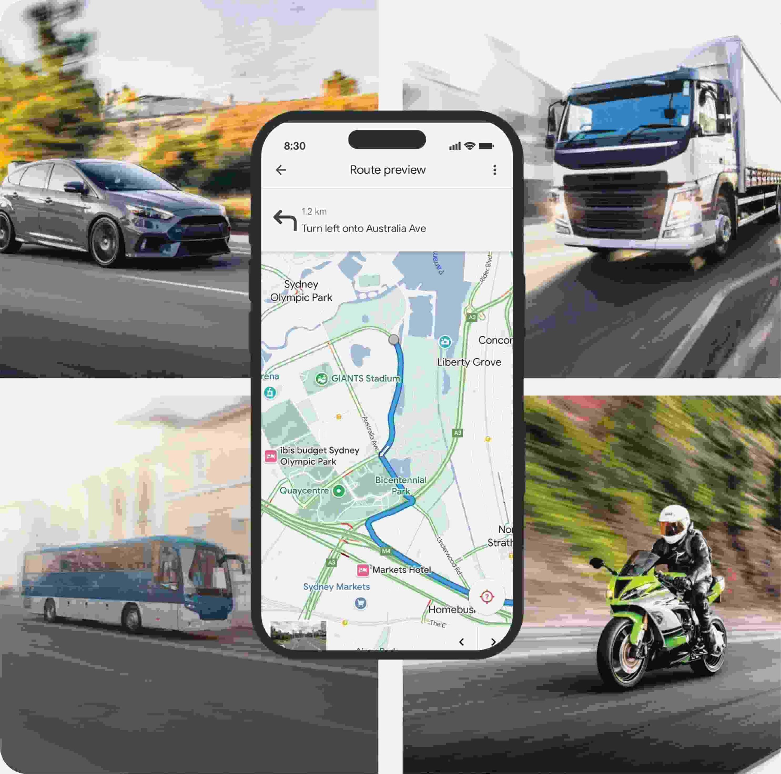 Gray car and white truck in motion with a smartphone displaying a route map, illustrating real-time vehicle tracking and route optimization for fleet management solutions.