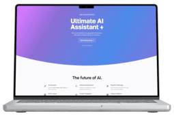 Laptop displaying Laxy AI-powered chatbot assistant webpage, featuring vibrant gradient background and key service highlights for streamlined operations and personalized assistance.
