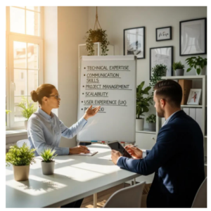 Business meeting discussing web development qualities, featuring a woman pointing at a whiteboard listing key attributes: technical expertise, communication skills, project management, scalability, and user experience.