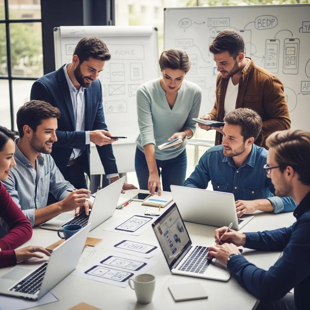 Diverse professionals collaborating on iPhone app development in a modern workspace
