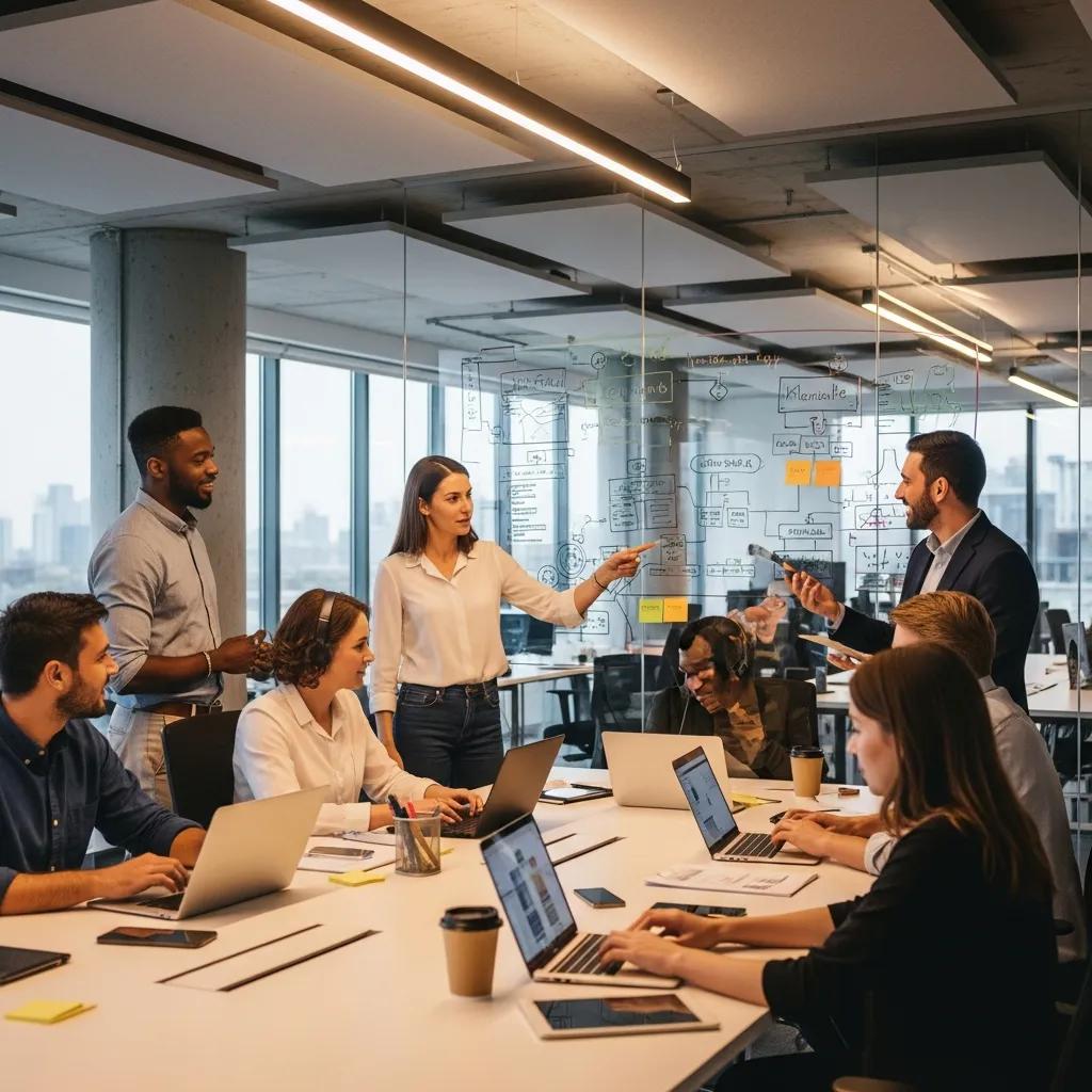 Team collaborating on custom software development in a modern office, discussing solutions and strategies, with laptops and project notes visible.
