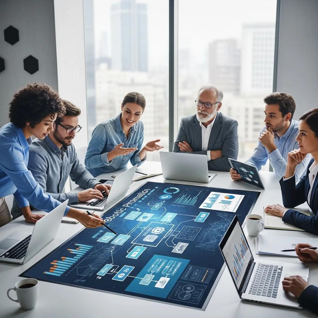 Business team reviewing RPA360 robotic process automation workflow dashboard on digital display