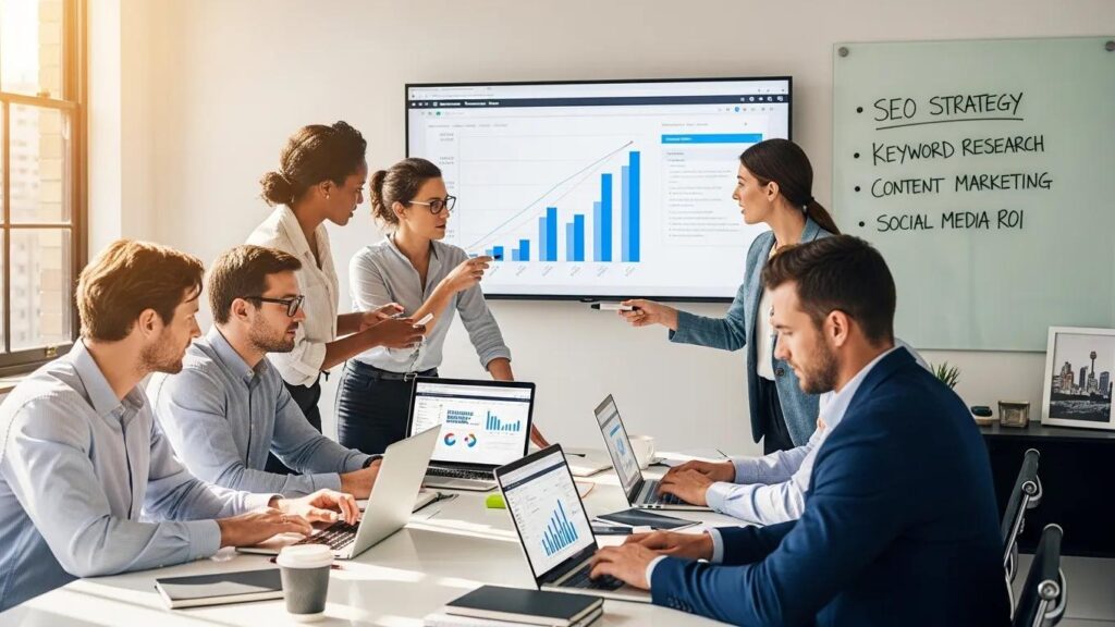 Group of Australian business professionals discussing SEO strategies in a modern office