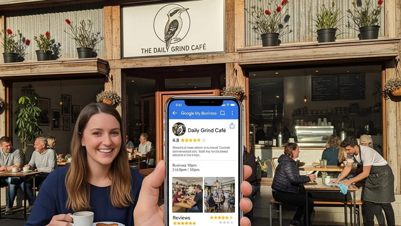 Local Australian storefront with Google My Business profile shown on a smartphone