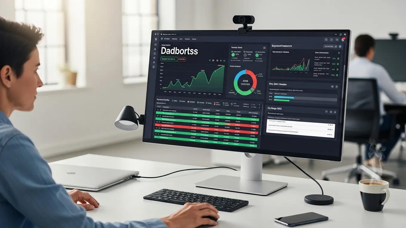 Desk workspace showing SEO tools and analytics dashboards on a computer screen