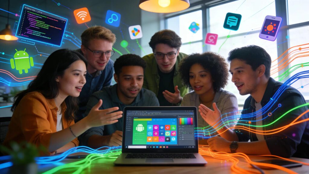 Group of diverse Android developers collaborating on app development in a modern office setting