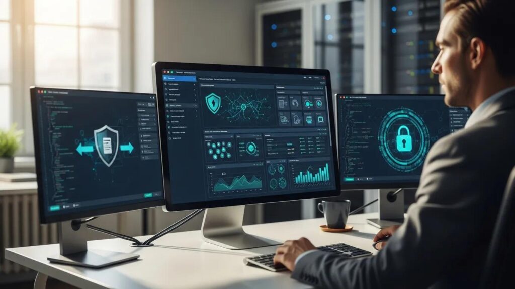 Business office showcasing cybersecurity software on a computer, exemplifying digital security themes.
