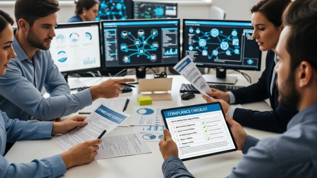 Professionals reviewing compliance documents and risk mitigation plans for cybersecurity