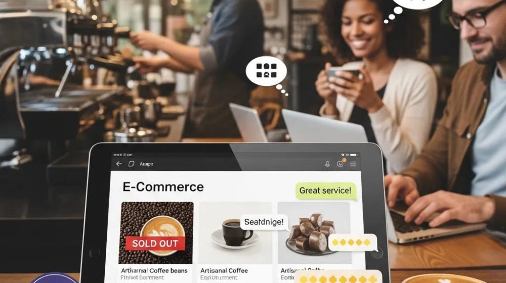 Customers using an e-commerce app on a tablet at a caf&eacute;